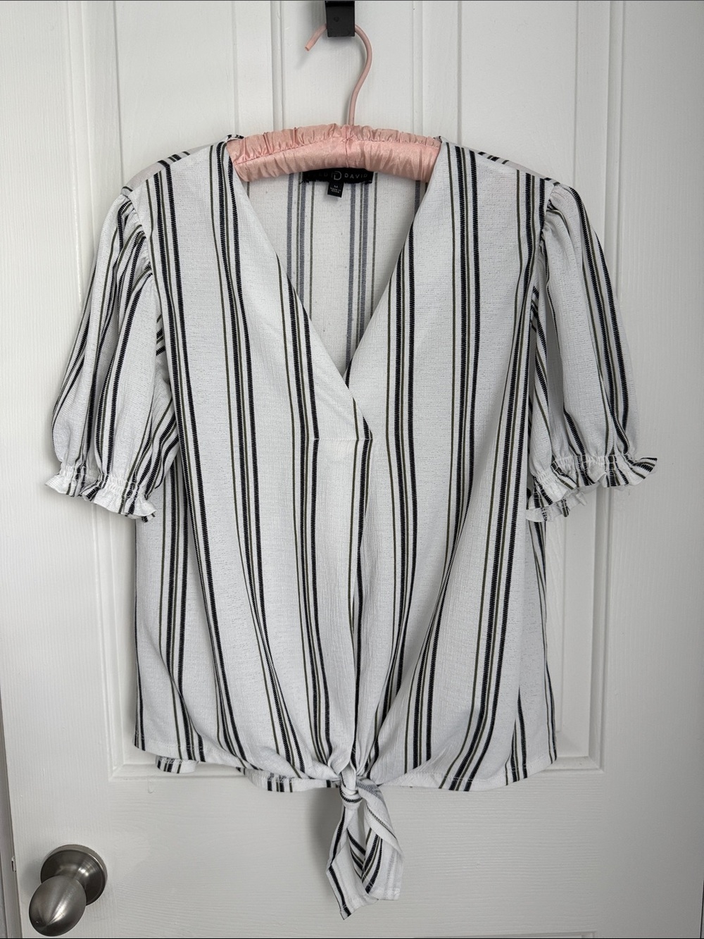 Fred David White and Black Striped Tie-Front Blouse